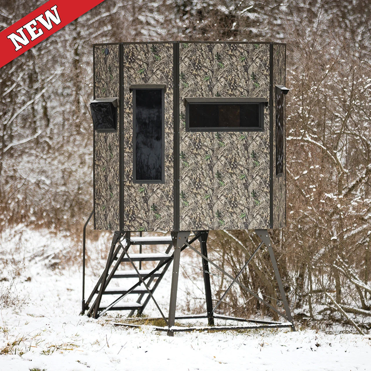 Texas Hunter 5' x 7' Wrangler Camo Hunting Blind with Combo Bow/Rifle Windows & 4' Tower & Stairs