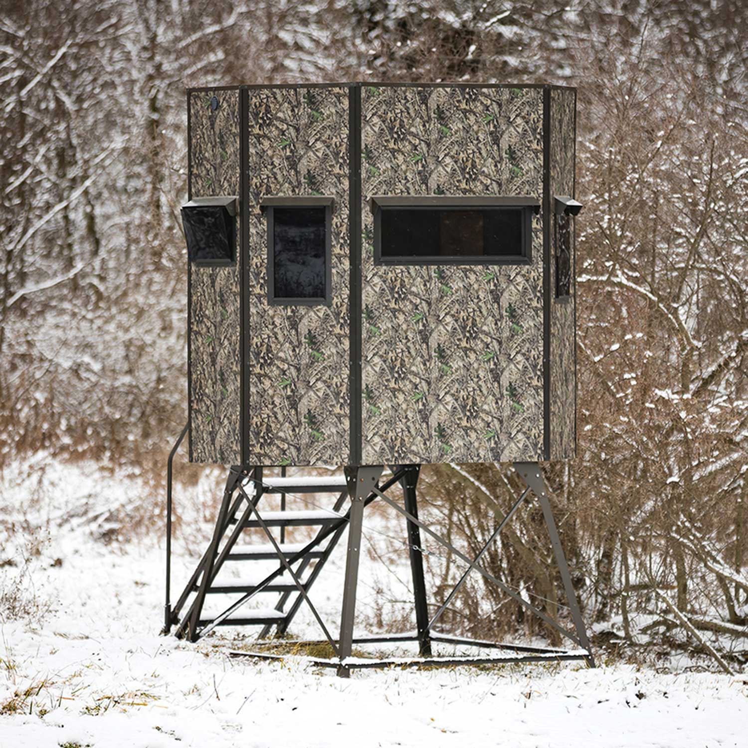 Texas Hunter 5' x 7' Wrangler Camo Hunting Blind with Combo Bow/Rifle Windows & 4' Tower & Stairs - Image 8